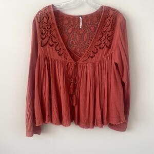 Free People Orange  Oversized Long Sleeve Lace Top Sz XS